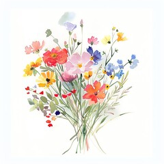 A vibrant watercolor bouquet of wildflowers showcasing bright and delicate petals for artistic and decorative purposes.