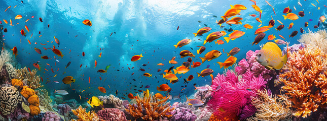 A school of tropical fish swimming gracefully over the vibrant coral reef, their colors shimmering in the crystal clear blue waters.