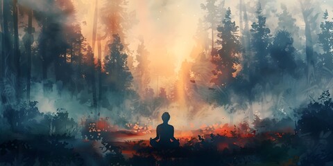 Fototapeta premium Person Meditating in Ethereal Forest Landscape at Dusk Tranquil Fantasy Concept with Soft Watercolor Elements and Sleeping Motif