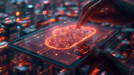 Cloud Computing Architecture Layout on Digital Tablet Visualized in Futuristic Digital Landscape description This image presents an overhead view of