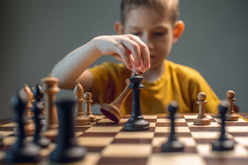 The child is a boy playing chess alone at the board. The process of thinking about a move to...