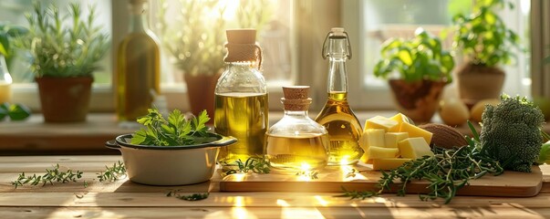 Butter melting in a pan, coconut oil solid in a jar, and olive oil in a bottle, placed on a kitchen counter with fresh ingredients, bright and warm, photorealistic