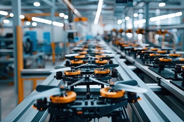 High-tech manufacturing plant with drone propeller units on an assembly line