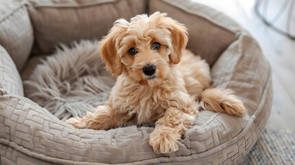 A small dog is laying in a bed