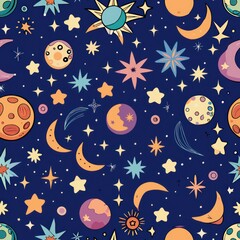 Fototapeta premium Seamless pattern of celestial motifs like stars, moons, and constellations, perfect for a celestial-themed gift wrap, Generative AI