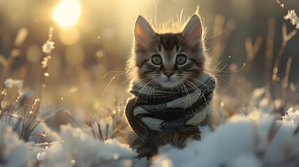 a cute kitten sitting outdoors looking at the camera, surrounded by snow
