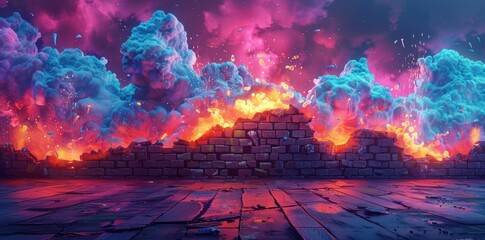 Fototapeta premium brick wall collapsed and destroyed futuristic