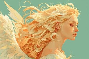 Angel with flowing blonde locks flat design side view heavenly grace theme cartoon drawing Analogous Color Scheme