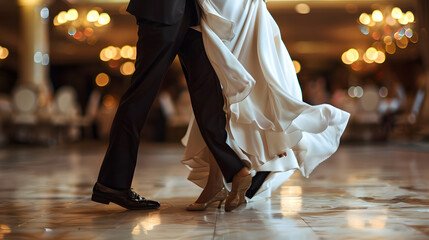 A bride and groom are dancing in a ballroom