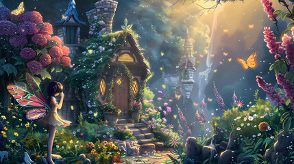 A fairy tale scene with a fairy house, a castle, and a garden
