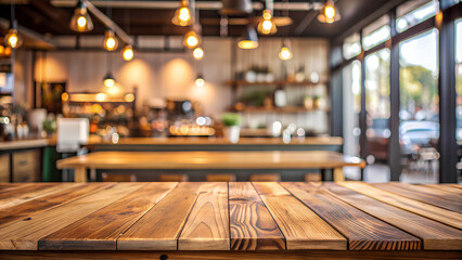Empty wooden table top on blurred of people in coffee shop (cafe restaurant) background. For create product display