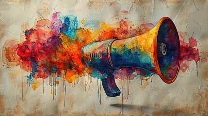 A drawing of a megaphone with colorful sound waves, representing the power of free speech in a democracy.