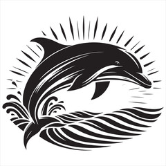 Dolphin jumping black & white silhouette vector with white background