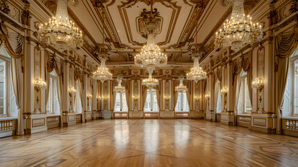 A large, empty ballroom with chandeliers hanging from the ceiling