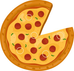 Pepperoni Pizza. Vector illustration of italian pizza. Pizza with pepperoni, vegetable, onion and cheese