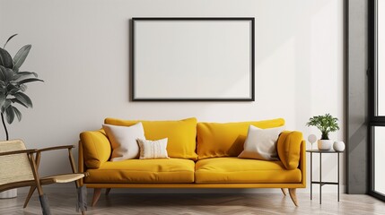 Poster frame mockup of an interior living room in the Scandinavian style with yellow accents on a white wall.