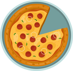Pepperoni Pizza. Vector illustration of italian pizza. Pizza with pepperoni, vegetable, onion and cheese