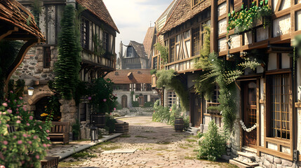 A small town with a cobblestone street and old buildings