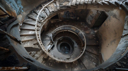 an abandoned staircase with a rusty surface
