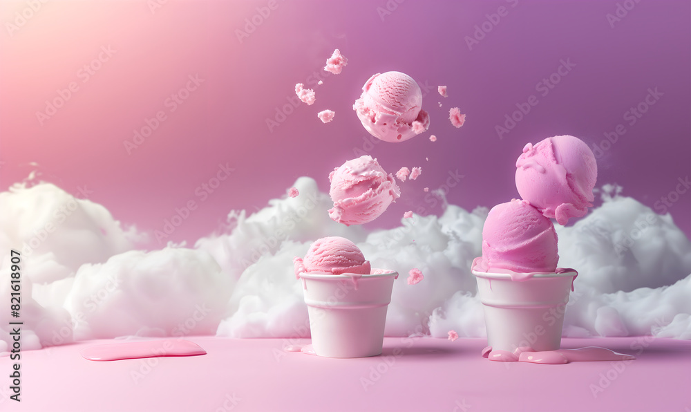 Wall mural creative food template. soft serve gelato strawberry ice cream in tub splashing bursting flying scoo