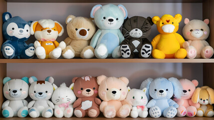 A shelf full of stuffed animals, including bears, cats, and dogs