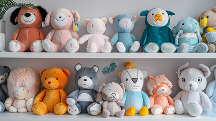 A shelf full of stuffed animals, including a variety of teddy bears