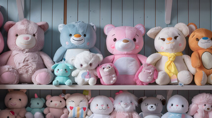 A shelf full of stuffed animals, including teddy bears