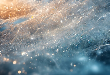 Close-up of ice crystals with water droplets and bokeh effect, illuminated by warm and cool light.