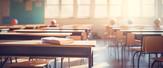 A blurred background of an empty classroom
