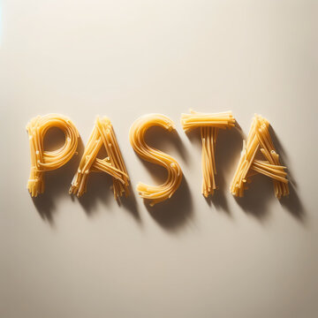 A creative image featuring strands of pasta arranged to spell out the word 'PASTA'. The pasta is cooked and neatly lined up on a simple, light-colored 