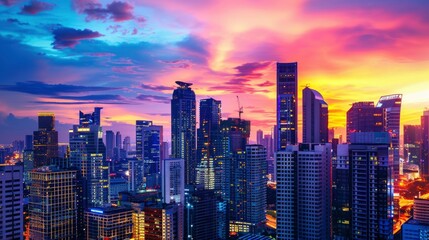Obraz premium A city skyline at sunset with a colorful sky