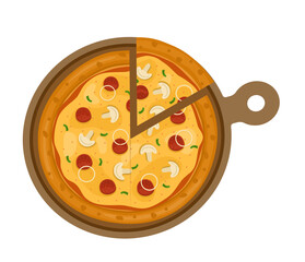 Mushroom with Pepperoni Pizza. Vector illustration of italian pizza. Pizza with mushroom, pepperoni, peppers and cheese