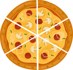 Mushroom with Pepperoni Pizza. Vector illustration of italian pizza. Pizza with mushroom, pepperoni, peppers and cheese