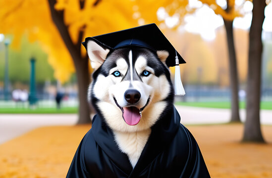 Cute portrait of a husky student at graduation on the background of a park. The concept of learning