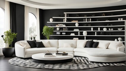 A black and white living room with a large white sectional sofa, white shelves with black vases and...