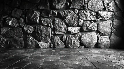 Stone wall and cement floor texture, dark room background.