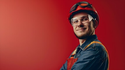 Cheerful Young Male Metal Worker in Protective Gear Posing Against Vibrant Red Background