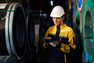 technician or worker working on tablet and checking Sheet metal products in the factory