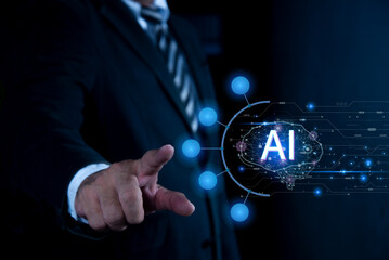 Businessman hand pointing at digital brain artificial intelligence AI. Technology and science, machine learning system. Artificial intelligence and machine learning concept