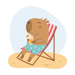 Capybara with orange juice sunbathing on the beach