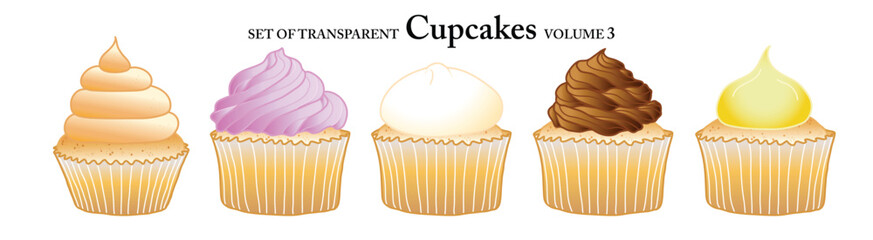 Cupcakes in colorful colors on transparent background. Set of isolated dessert illustration in hand drawn style. Food elements for coloring book, sticker or design. Volume 3.