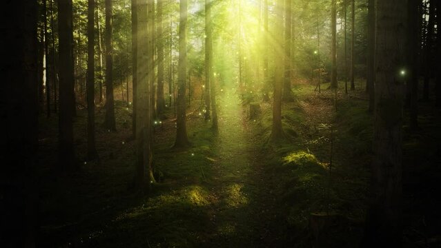 Magic fairy tale forest with sun beams and flickering fireflies.