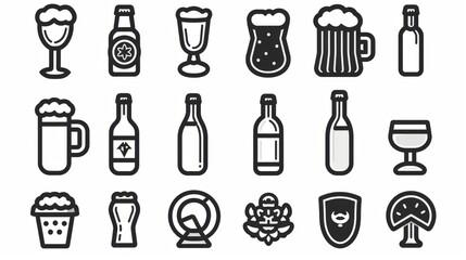 Minimalistic Beer Icons Collection - Flat Line Art Vector Set in Black and White Vinyl Decal Style on Solid White Background, 8k Resolution