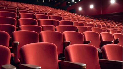 Close up of rows of red theatre seats at a cinema hall, perspective front view