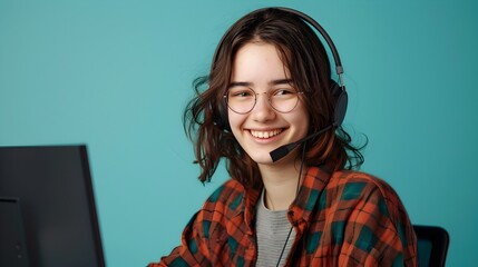 Cheerful Young Professional Woman Smiling and Working on Laptop in Colorful Office