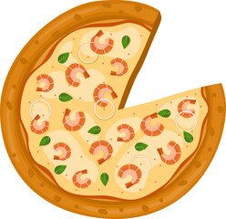 Seafood Pizza. Vector illustration of italian pizza. Pizza with shrimp, basil, peppers and cheese