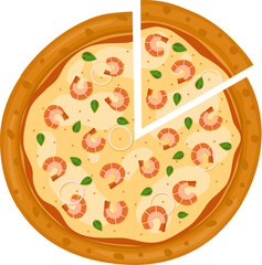 Seafood Pizza. Vector illustration of italian pizza. Pizza with shrimp, basil, peppers and cheese