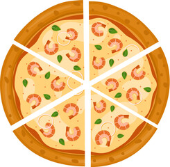 Seafood Pizza. Vector illustration of italian pizza. Pizza with shrimp, basil, peppers and cheese