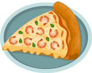 Seafood Pizza. Vector illustration of italian pizza. Pizza with shrimp, basil, peppers and cheese