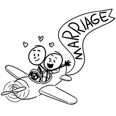 stickfigure couple boarding a plane with a flag getting married behind